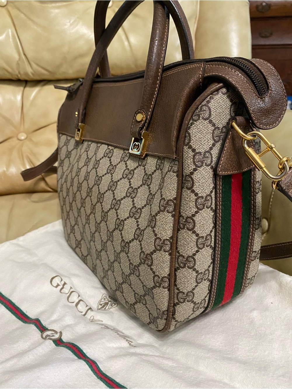 LKNW Gucci Large Satchel Bag Monogram COA Red Green Web Stripe GG